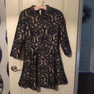 Jacquard Navy dress with Jeweled Neckline